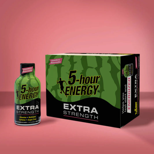 5-hour ENERGY Extra Strength bottle and packaging on a pink background